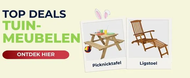 Banner featuring picnic table and reclining chair. Text reads "Top Deals Tuinmeubelen" with a red button labeled "Ontdek Hier."