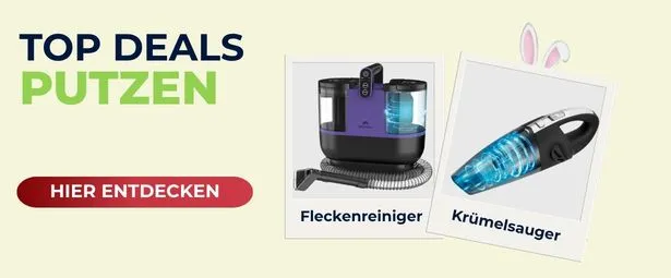 Advertisement for cleaning deals featuring a stain remover and a handheld vacuum, with a "Discover Here" button.