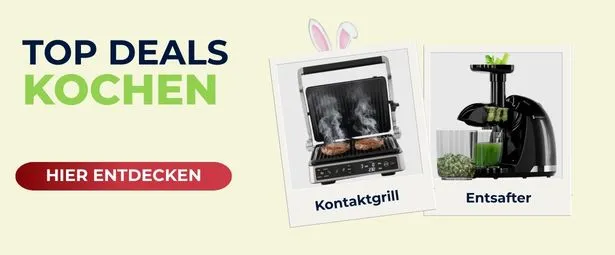 Ad for kitchen deals featuring a contact grill with sizzling food and a juicer with green juice. Text: "TOP DEALS KOCHEN" and "HIER ENTDECKEN."