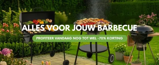 Barbecue display with various grills and food, surrounded by a garden. Text reads "Alles voor jouw barbecue" with a 70% discount offer.