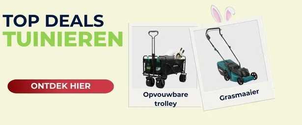 Promotional image with gardening deals: foldable trolley with tools and a green lawnmower. Dutch text: "Top Deals Tuinieren" and "Ontdek hier."