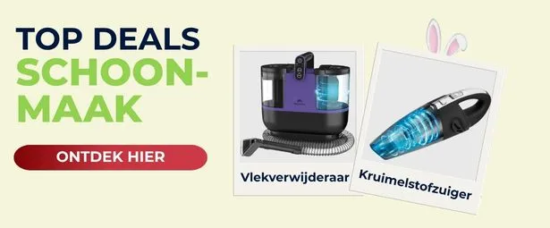 Promo for cleaning deals with images of a stain remover and handheld vacuum. Text says "Top Deals Schoonmaak" and "Ontdek hier."