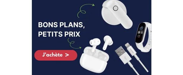 Advertisement with white earbuds, smartwatch, charger, and text: "BONS PLANS, PETITS PRIX." Button says "J'achète >" on dark blue background.