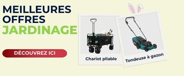 Promotional banner for gardening offers featuring a folding cart and a lawnmower, with bunny ears decoration and a "Découvrez ici" button.
