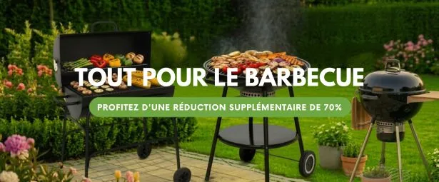 Three barbecues in a garden setting with various foods grilling, overlaid with French text promoting a 70% discount.