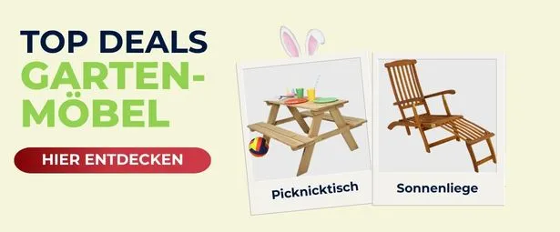 Ad for garden furniture deals showing a picnic table and a sun lounger, with decorative bunny ears.