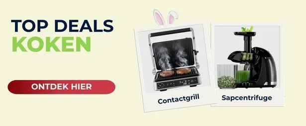 Ad for cooking deals featuring a contact grill with burgers and a juicer with green juice. Dutch text on buttons and labels.