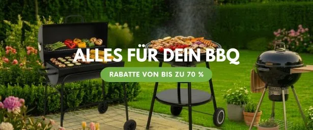 Outdoor BBQ setup with grills filled with food in a lush garden. Text reads "Alles für dein BBQ" and "Rabatte von bis zu 70%".