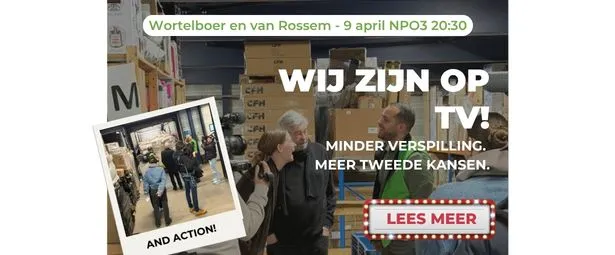 Warehouse setting with people talking and TV announcement text overlay about reducing waste and second chances.