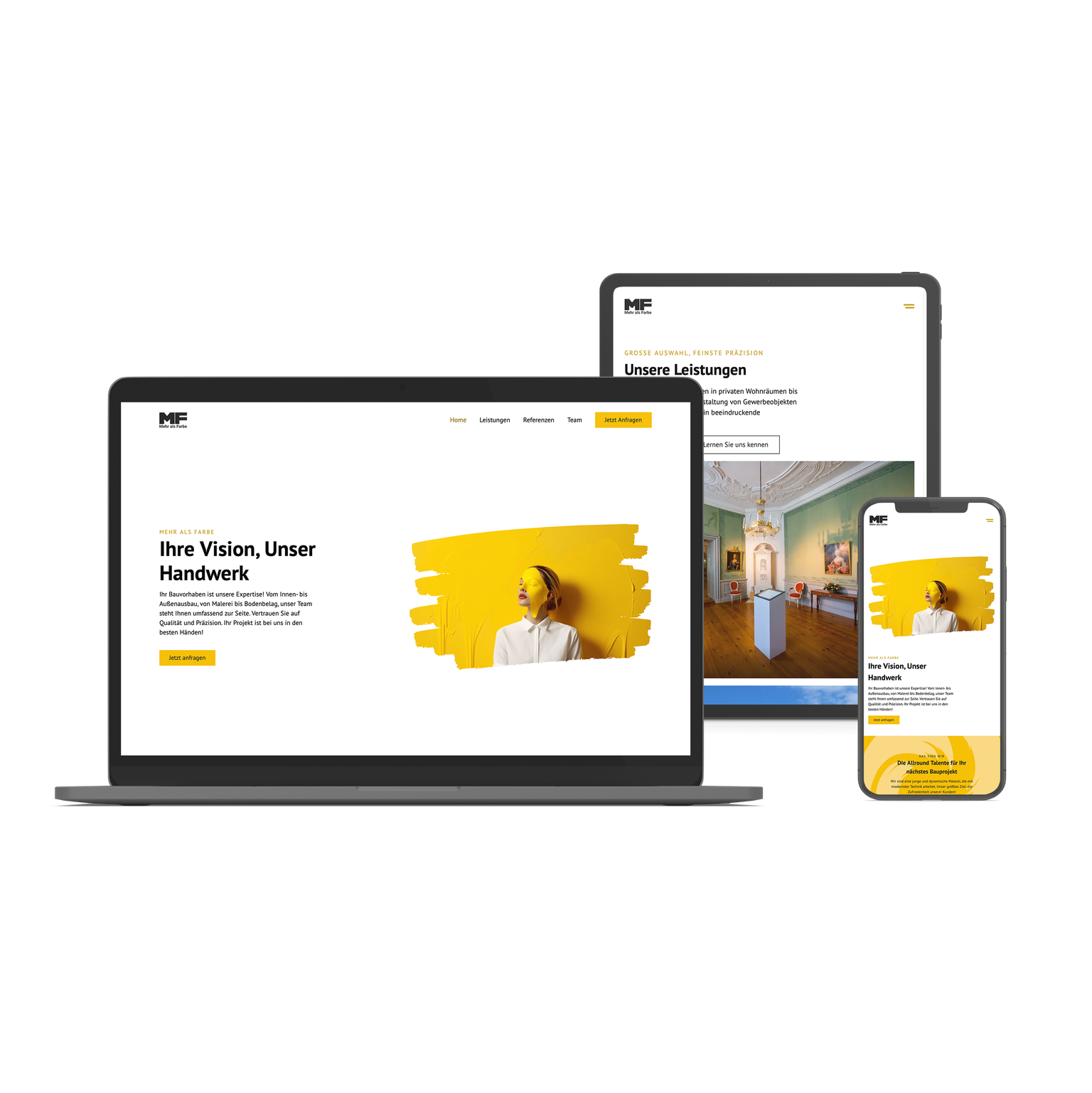 Mockups von Macbook, iPad und iPhone mit der neuen Malerei und Fassaden Webseite
