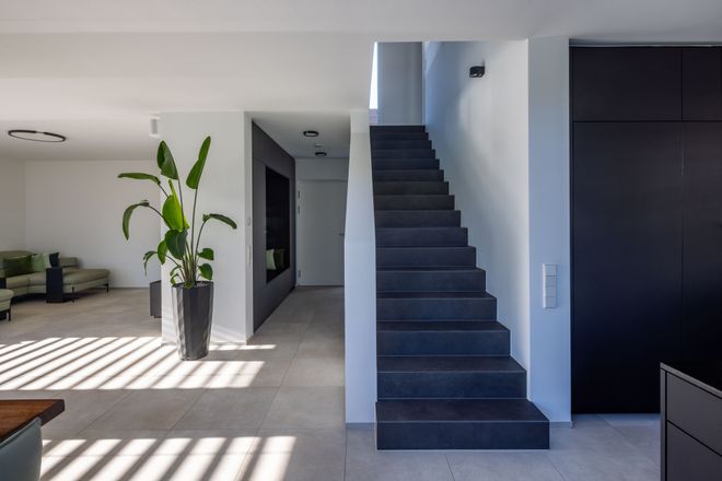 Modern interior with a staircase, large plant, and sunlit tiled floor; minimalistic design with natural light streaming through.