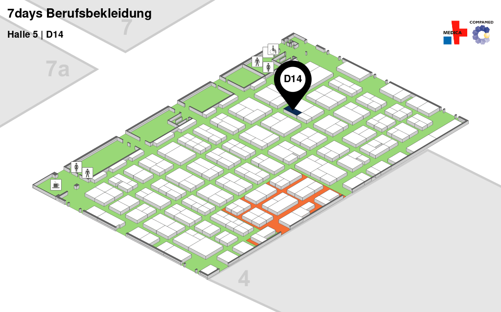 Hallenplan Medica 2025, Bubble über dem Stand D14, an dem sie 7days finden