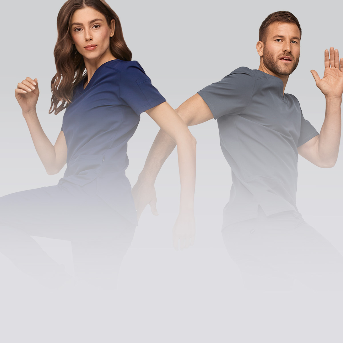 Een GIF met twee modellen in verschillende poses in Active-Stretch-werkkleding van 7days