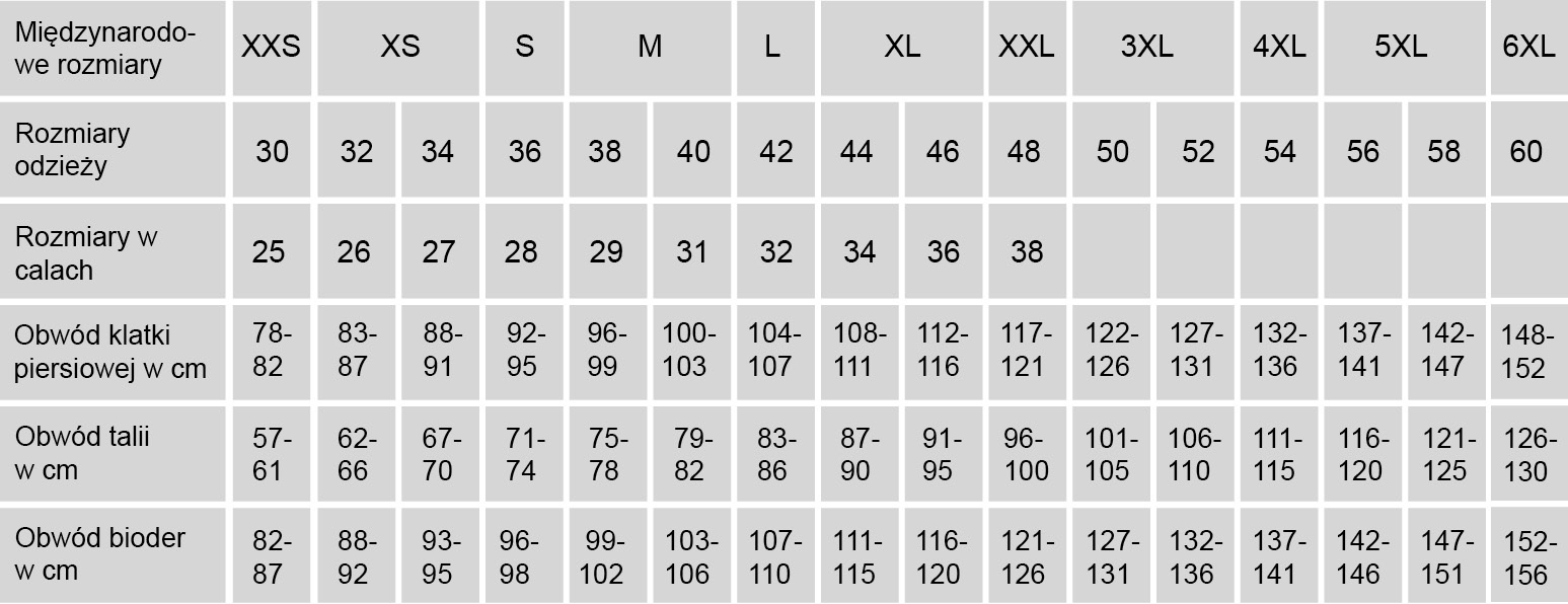 Tabela rozmiarów dla damskiej