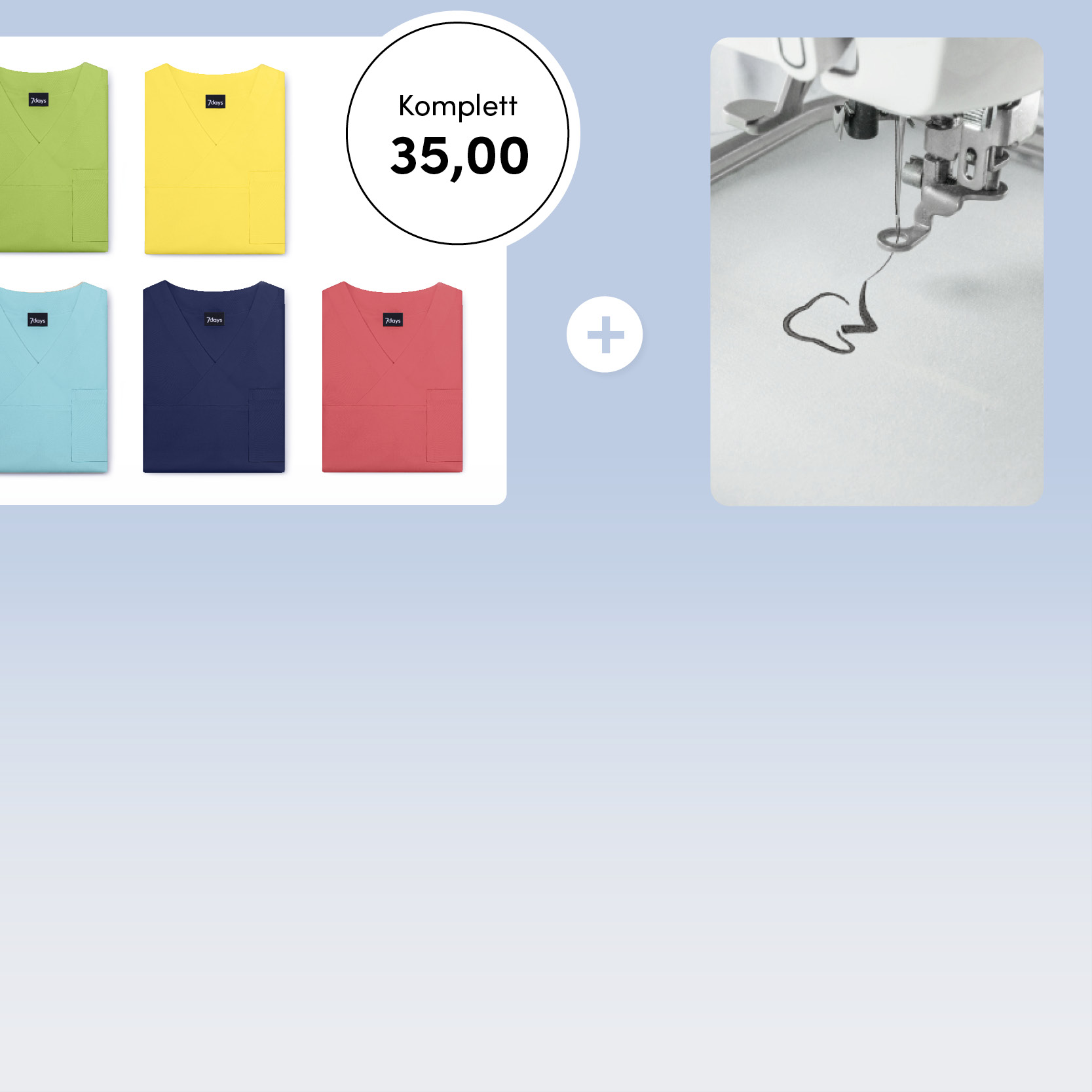 verschiedene Farben des Kasacks Pisa zusammen mit einem Ausschnitt einer Stickmaschine