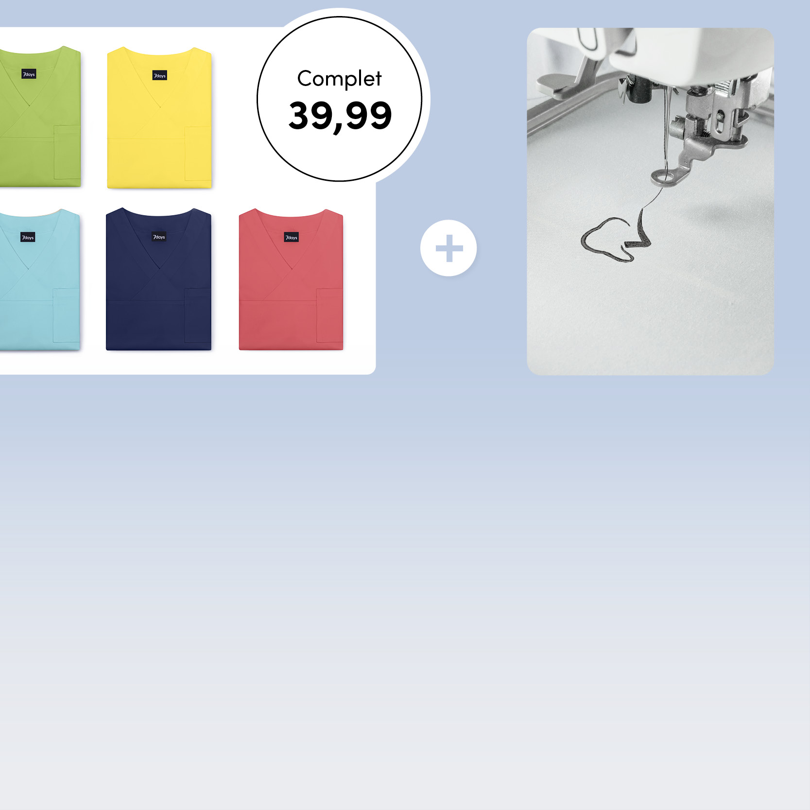 Différentes couleurs de la blouse Pisa avec un extrait d'une machine à broder