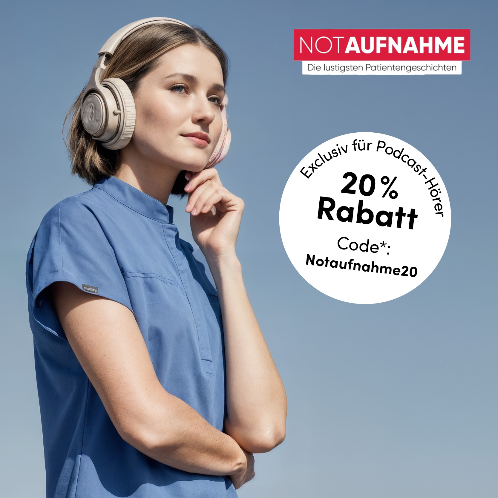 Eine Person mit Kopfhörern neben der Werbung zum Podcast NotAufnahme