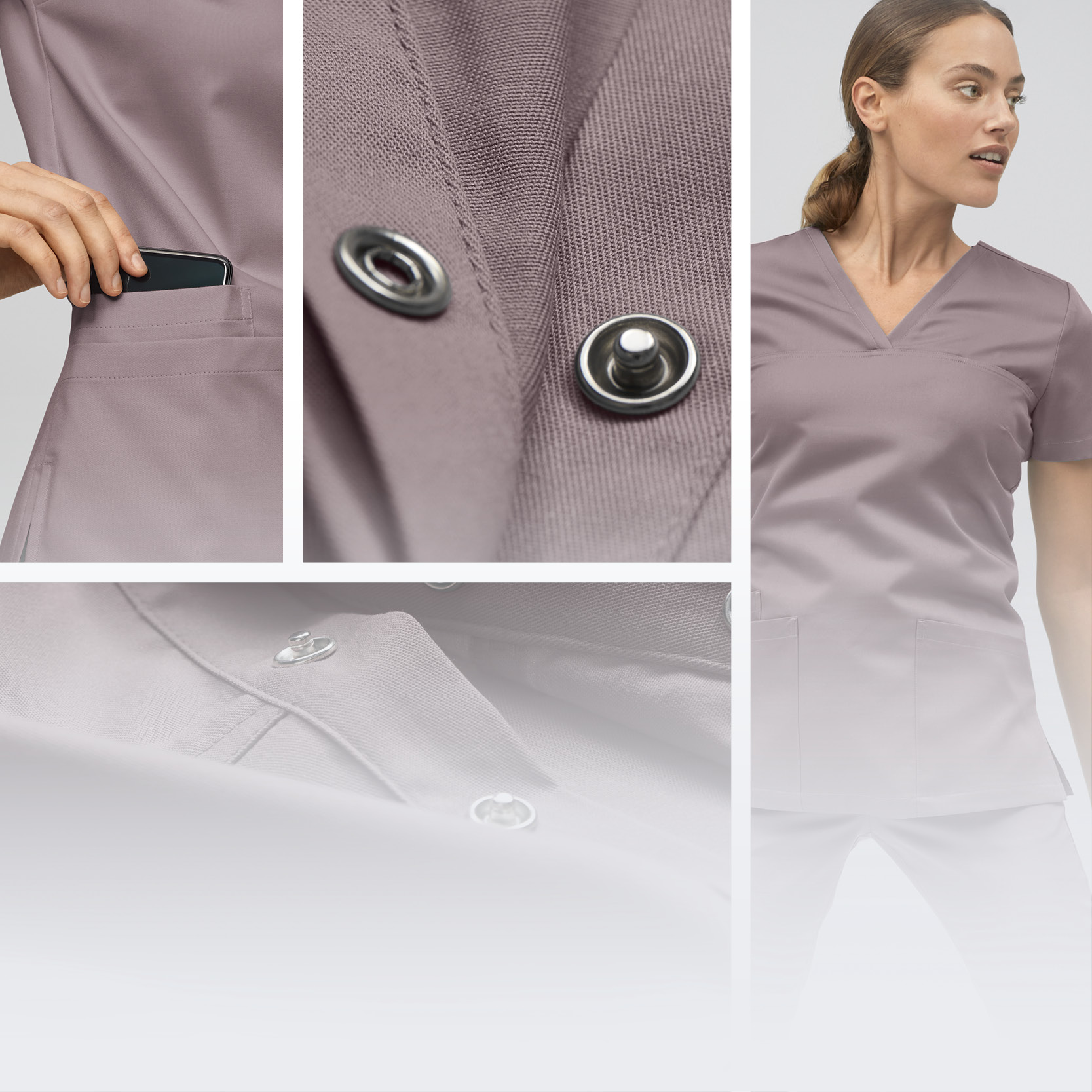 Un mannequin portant un cache-cœur en Tencel de la marque 7days et plusieurs gros plans sur le tissu Tencel