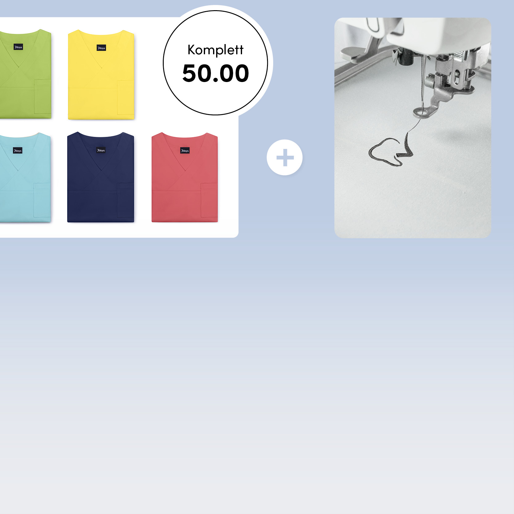 verschiedene Farben des Kasacks Pisa zusammen mit einem Ausschnitt einer Stickmaschine