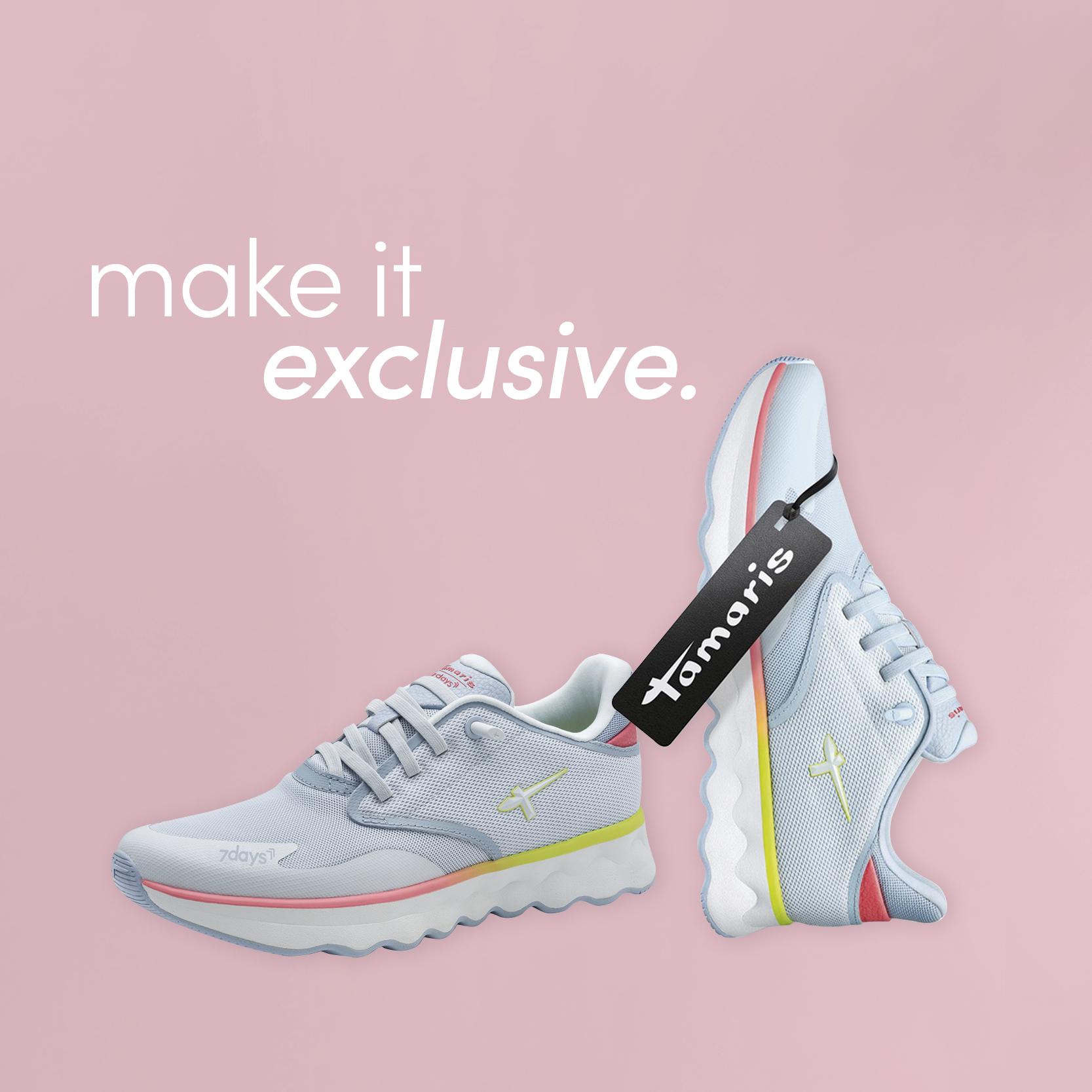 Der Tamaris x 7days Schuh Nowana mit dem Schriftzug "make it exclusive"