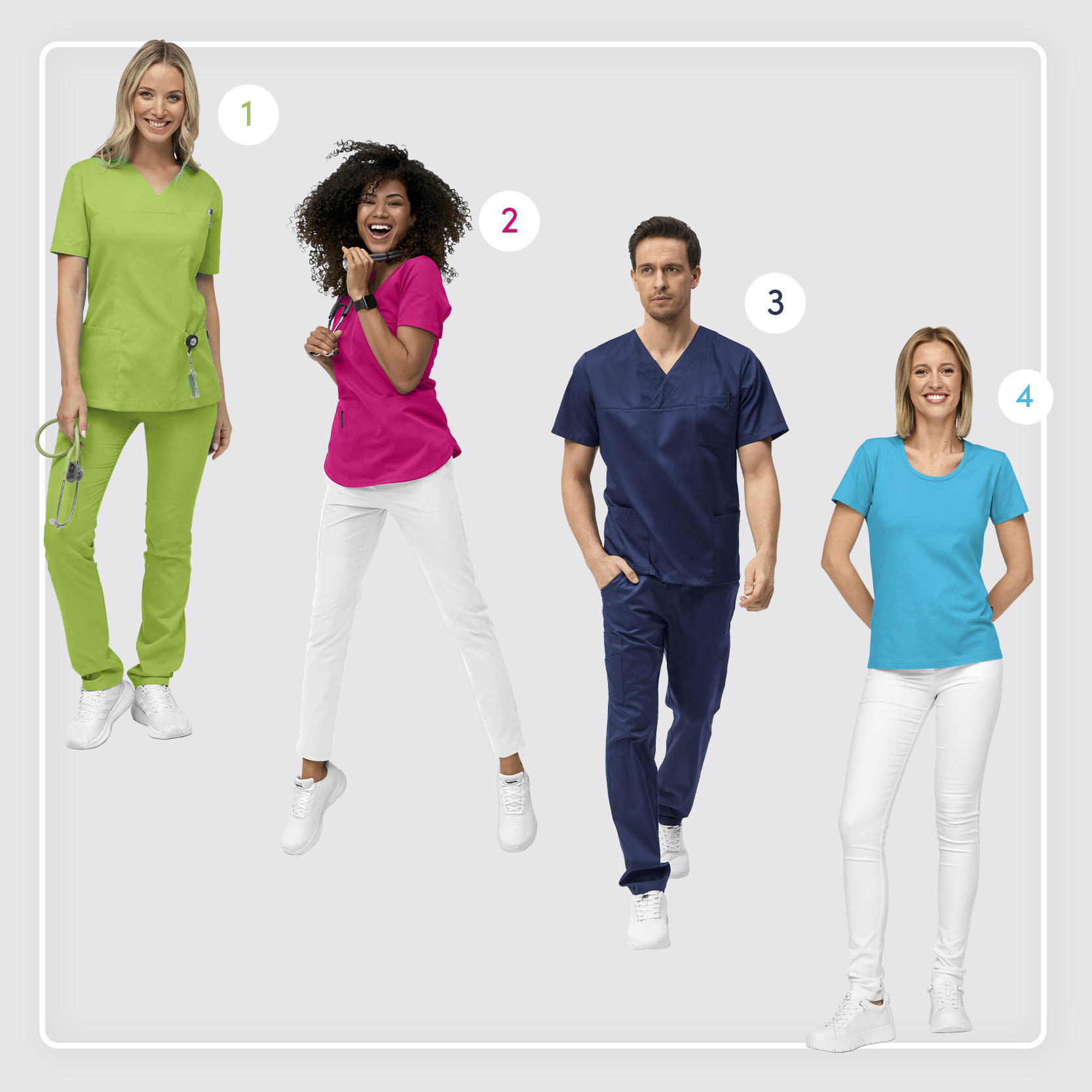 Vier verschiedene Outfitkombinationen von 7days