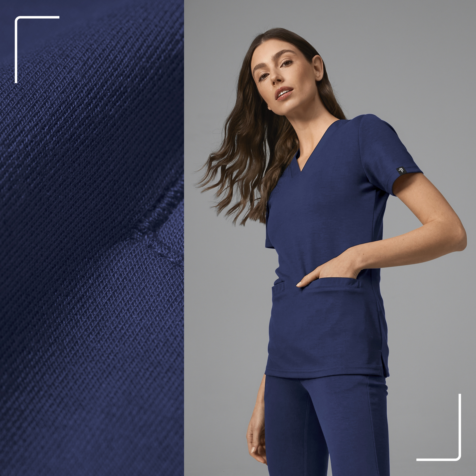 Ein Model mit Bekleidung in der Farbe Marine, danebenliegend eine Nahaufnahme des Stoffs