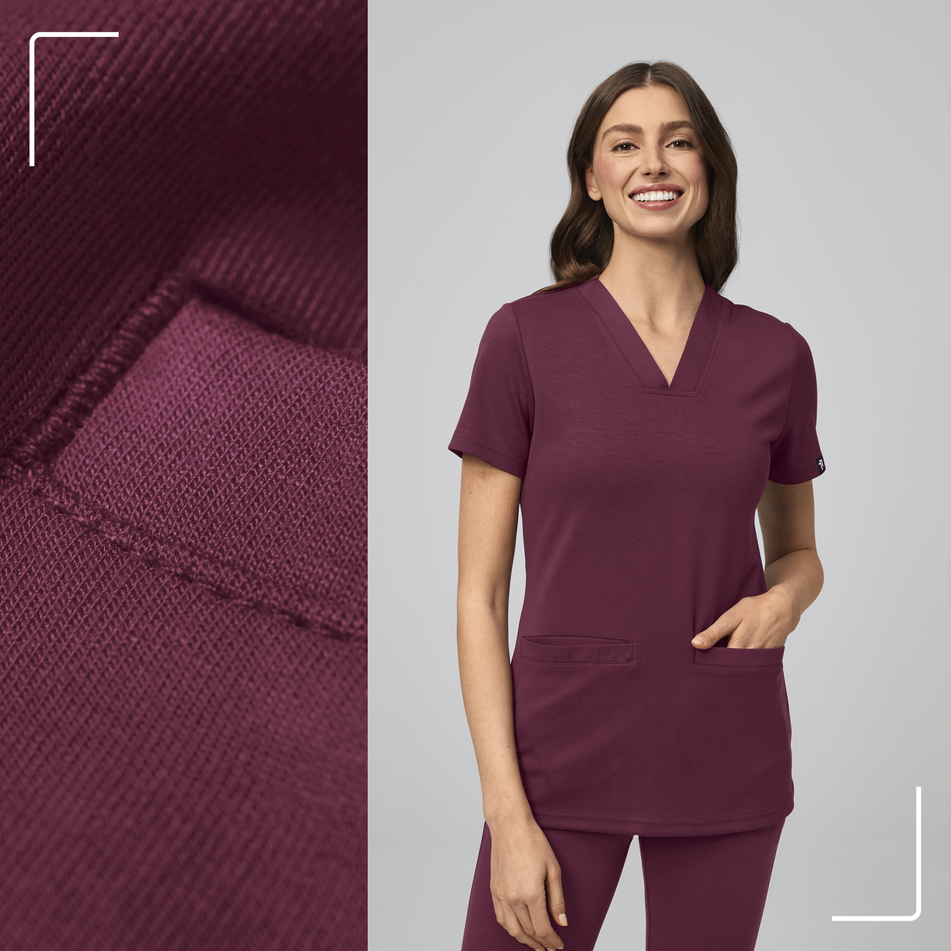 Ein Model mit Bekleidung in der Farbe Mullberry, danebenliegend eine Nahaufnahme des Stoffs