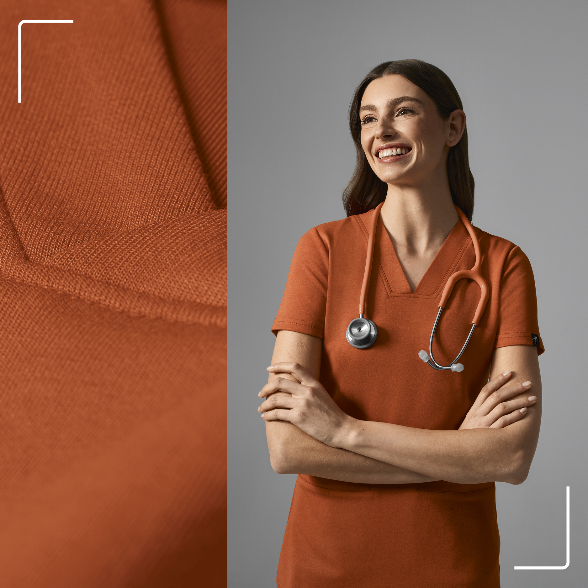 Alle 3 Outfits in Copper Canyon, danebenliegend eine Nahaufnahme des Stoffs