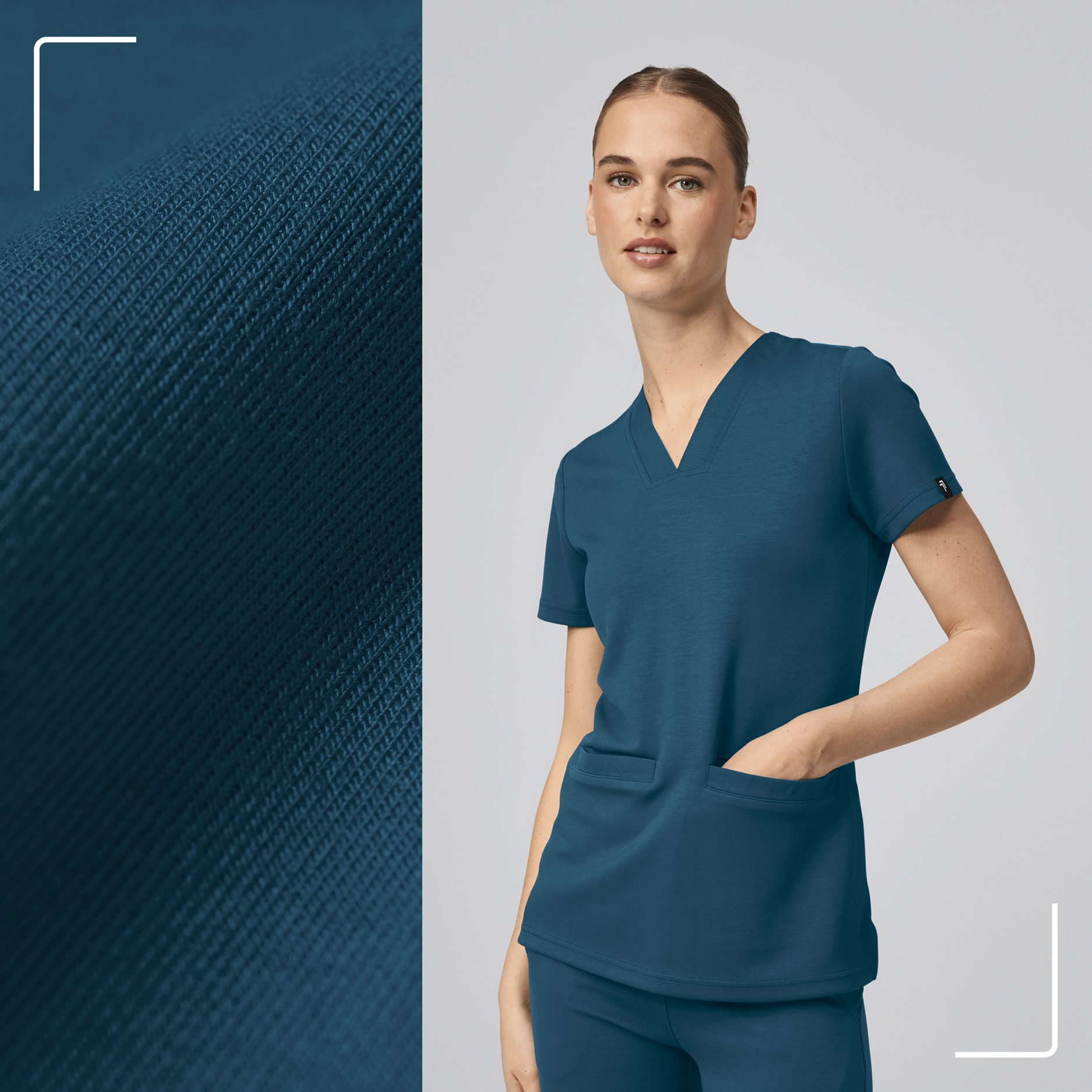 Ein Model mit Bekleidung in der Farbe Baltic Deep, danebenliegend eine Nahaufnahme des Stoffs