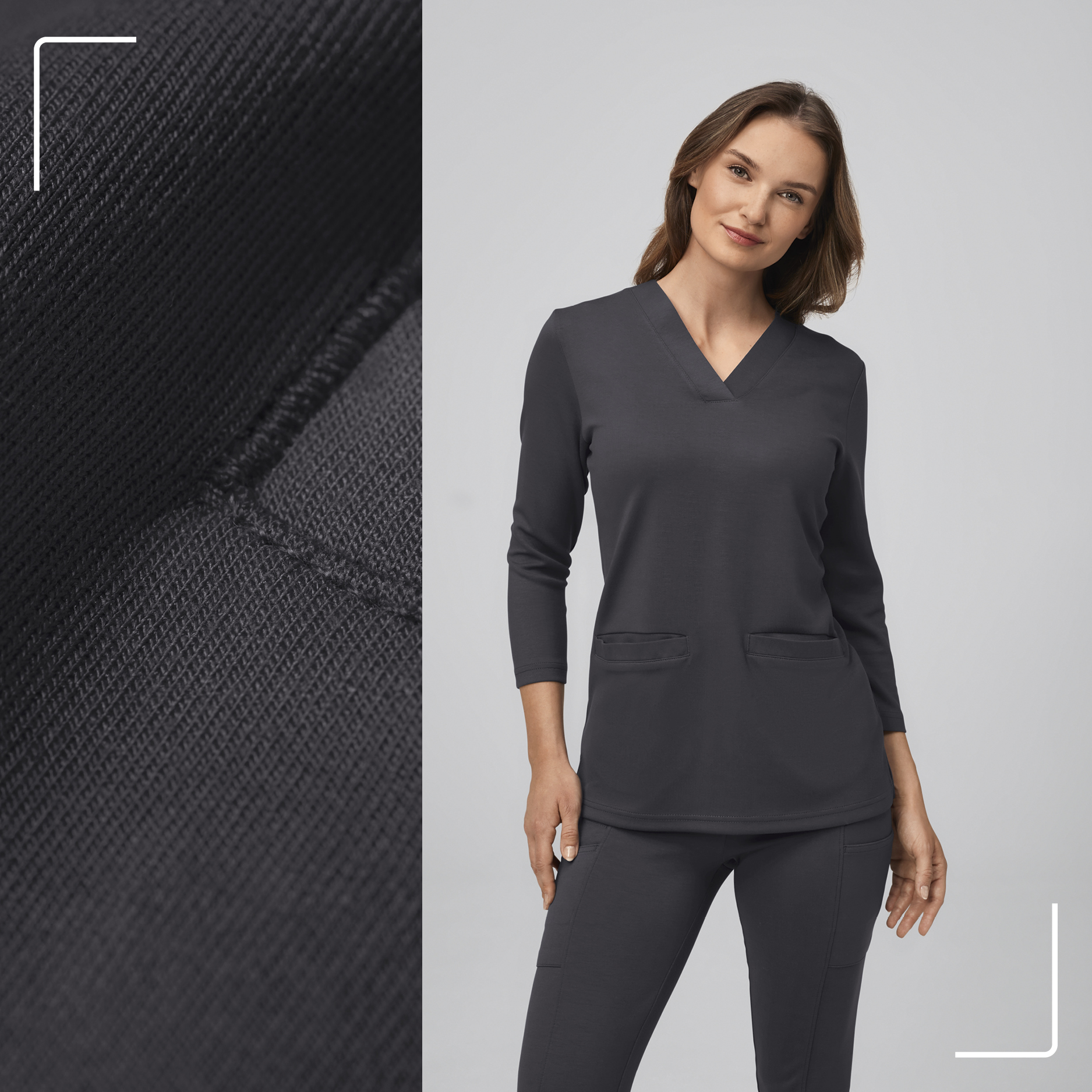 Ein Model mit Bekleidung in der Farbe Shadow Steel, danebenliegend eine Nahaufnahme des Stoffs