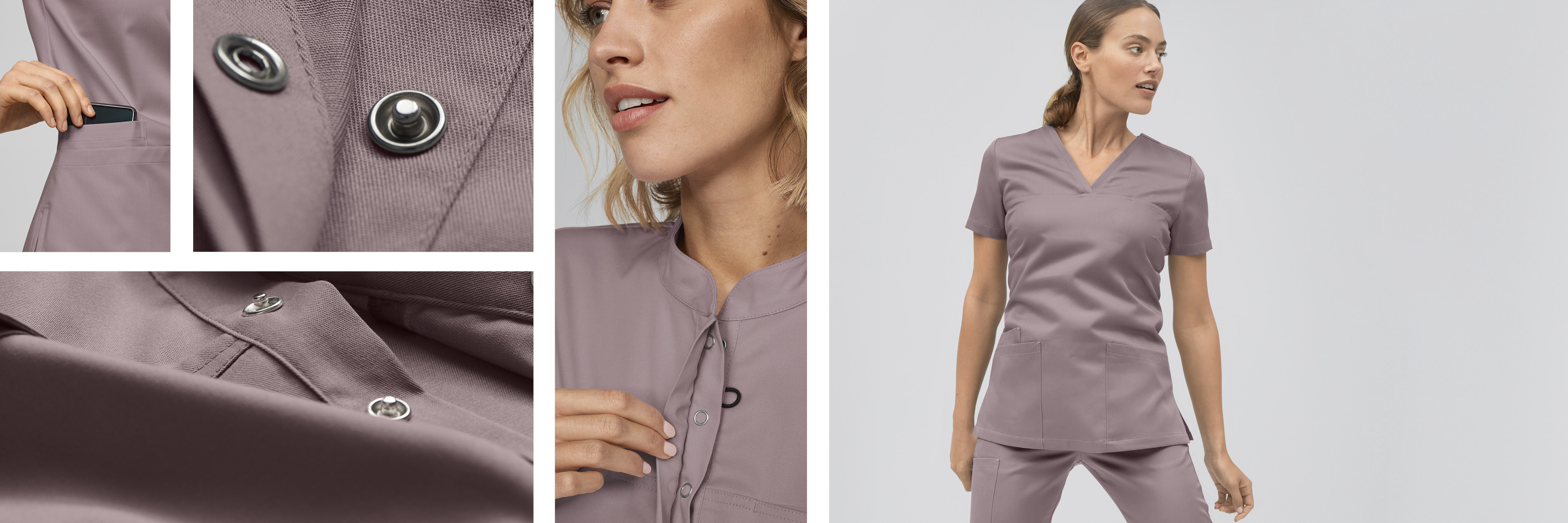 Un mannequin portant un cache-cœur en Tencel de la marque 7days et plusieurs gros plans sur le tissu Tencel