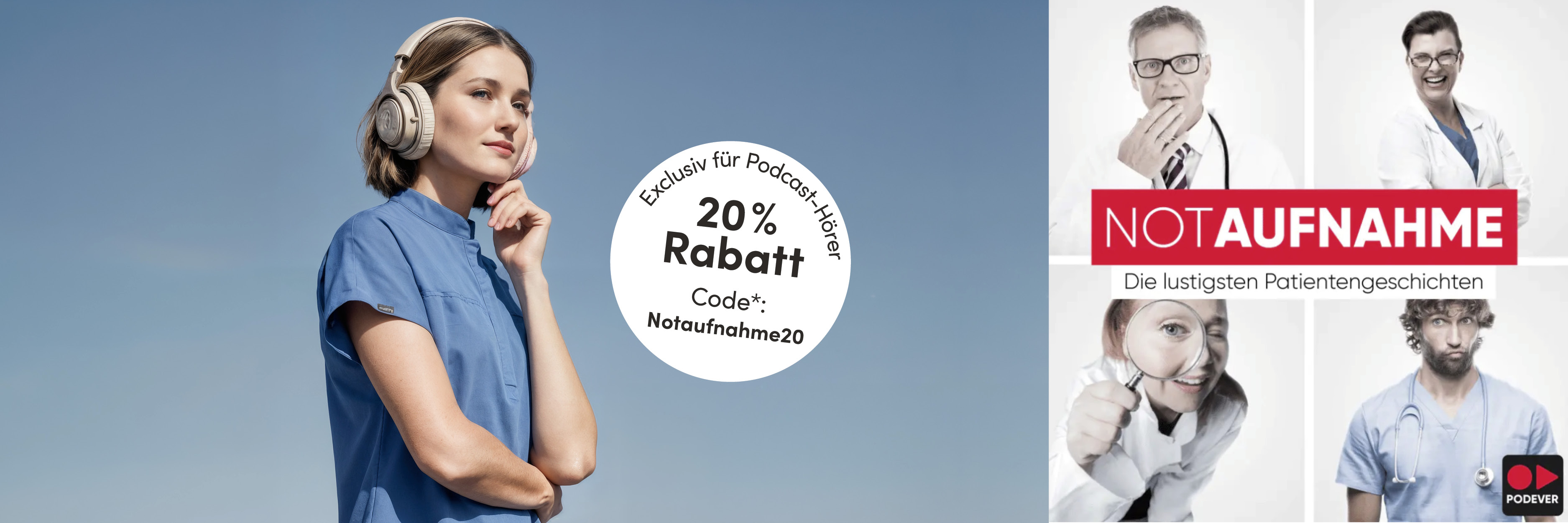 Eine Person mit Kopfhörern neben der Werbung zum Podcast NotAufnahme