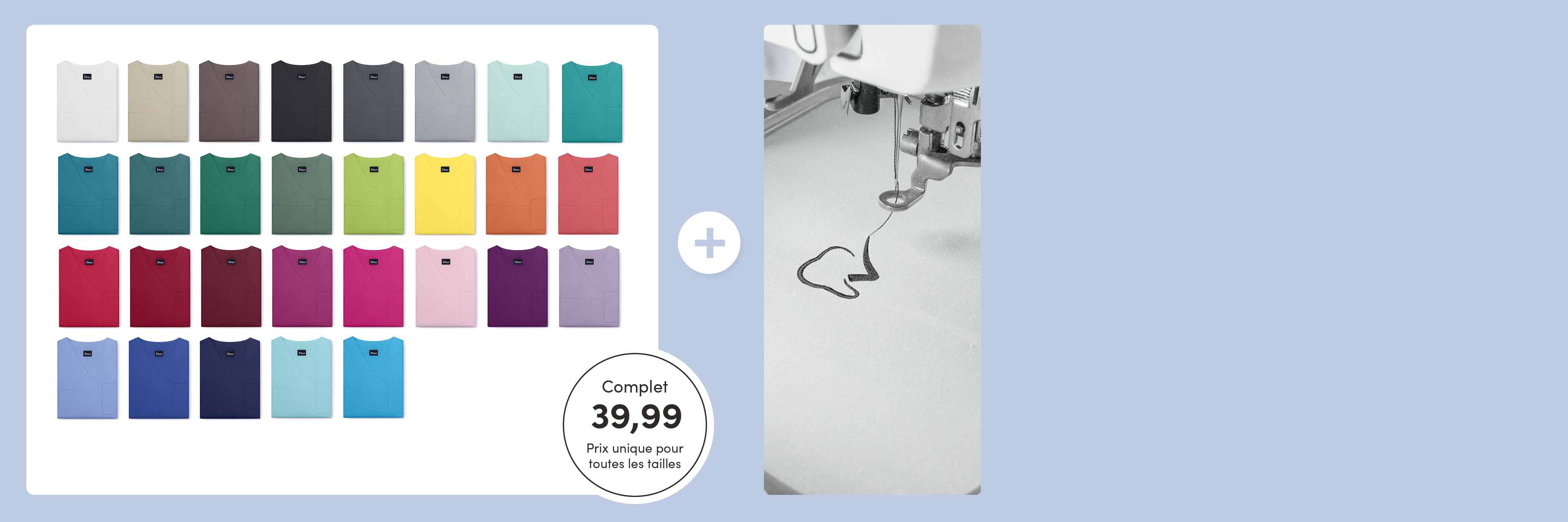 Différentes couleurs de la blouse Pisa avec un extrait d'une machine à broder