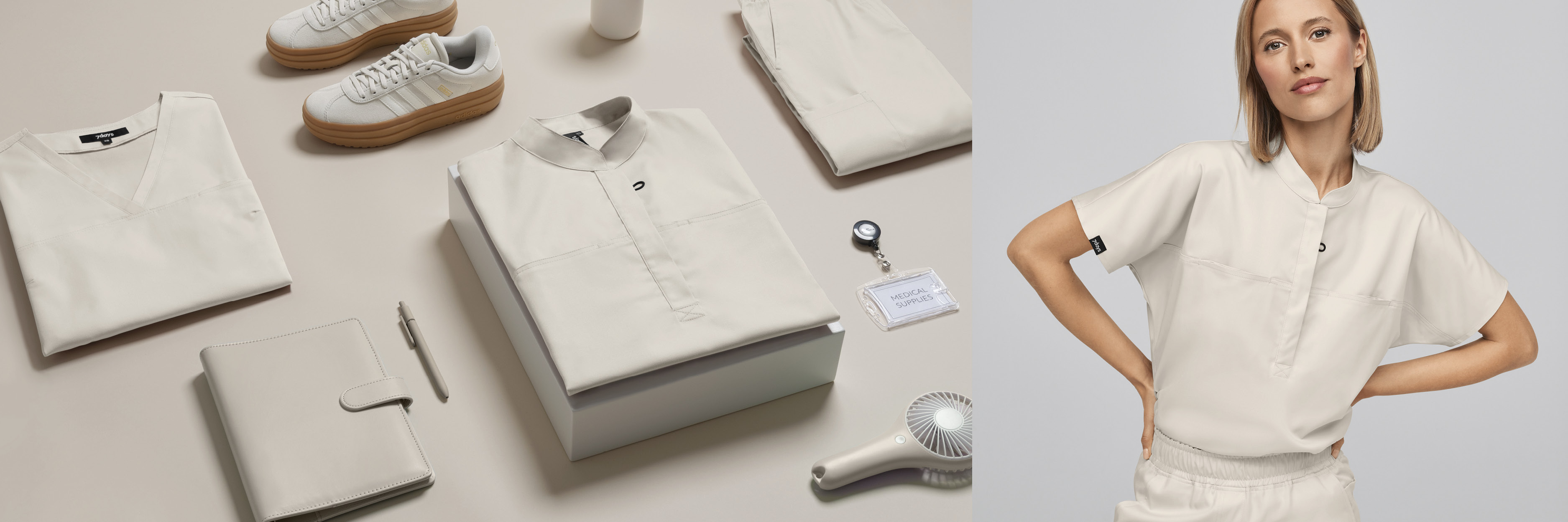 Plusieurs articles du domaine médical dans la couleur tendance crème d'amande de 7days