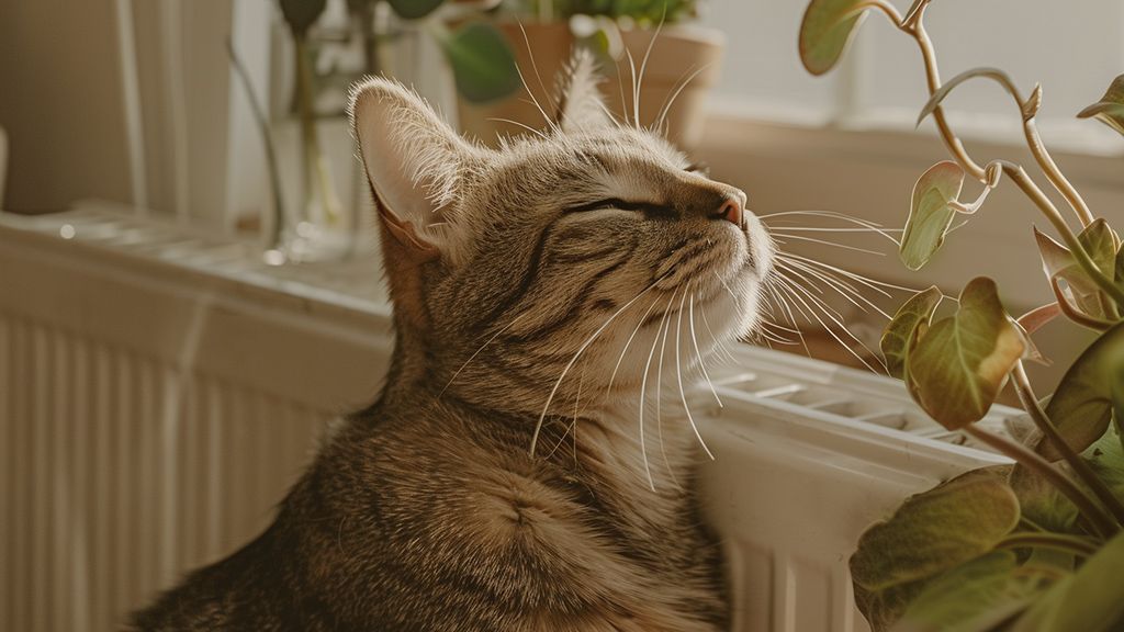 Katze schmiegt sich an Heizung