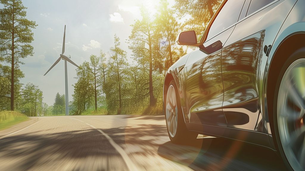 E-Auto fährt durch eine Landschaft an einem Windrad vorbei