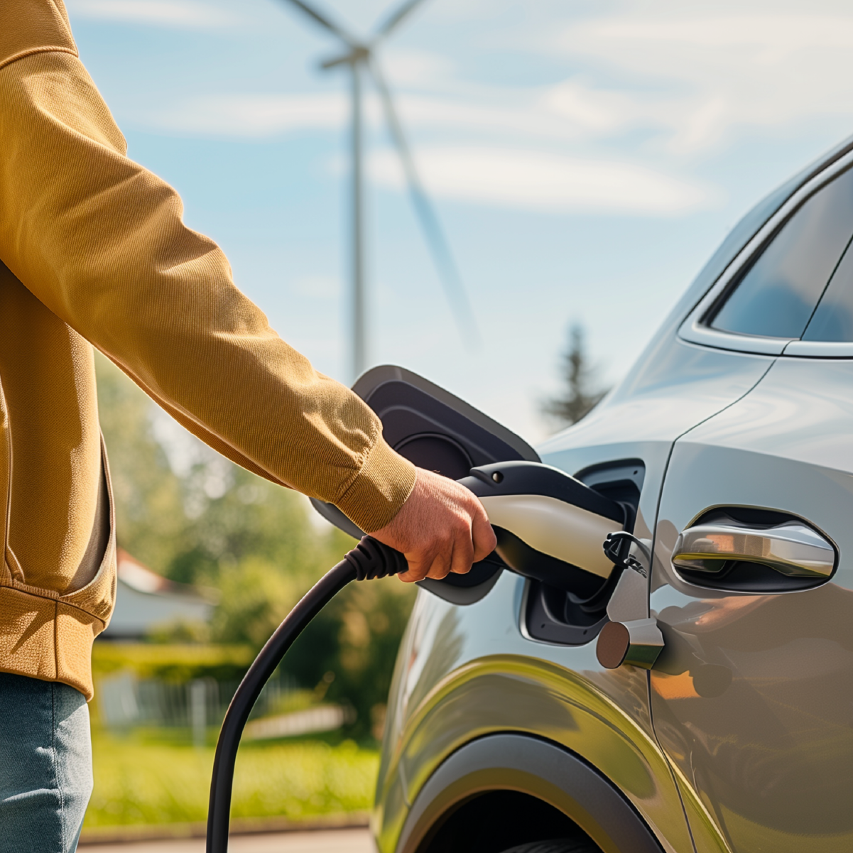 Mann laedt graues E-Auto