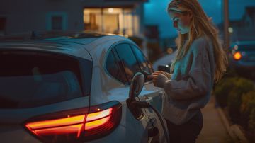 Frau lädt entspannt ihr E-Auto an einer Wallbox