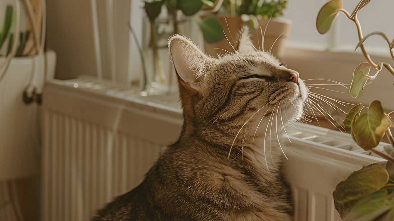 Katze schmiegt sich an Heizung