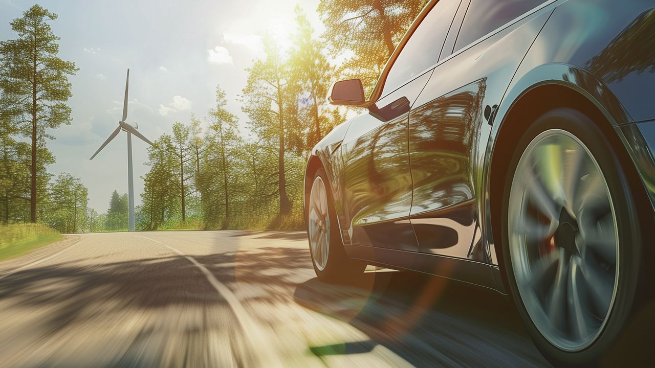 E-Auto fährt durch eine Landschaft an einem Windrad vorbei