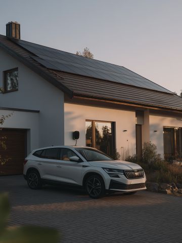 E-Auto steht in Hauseinfahrt