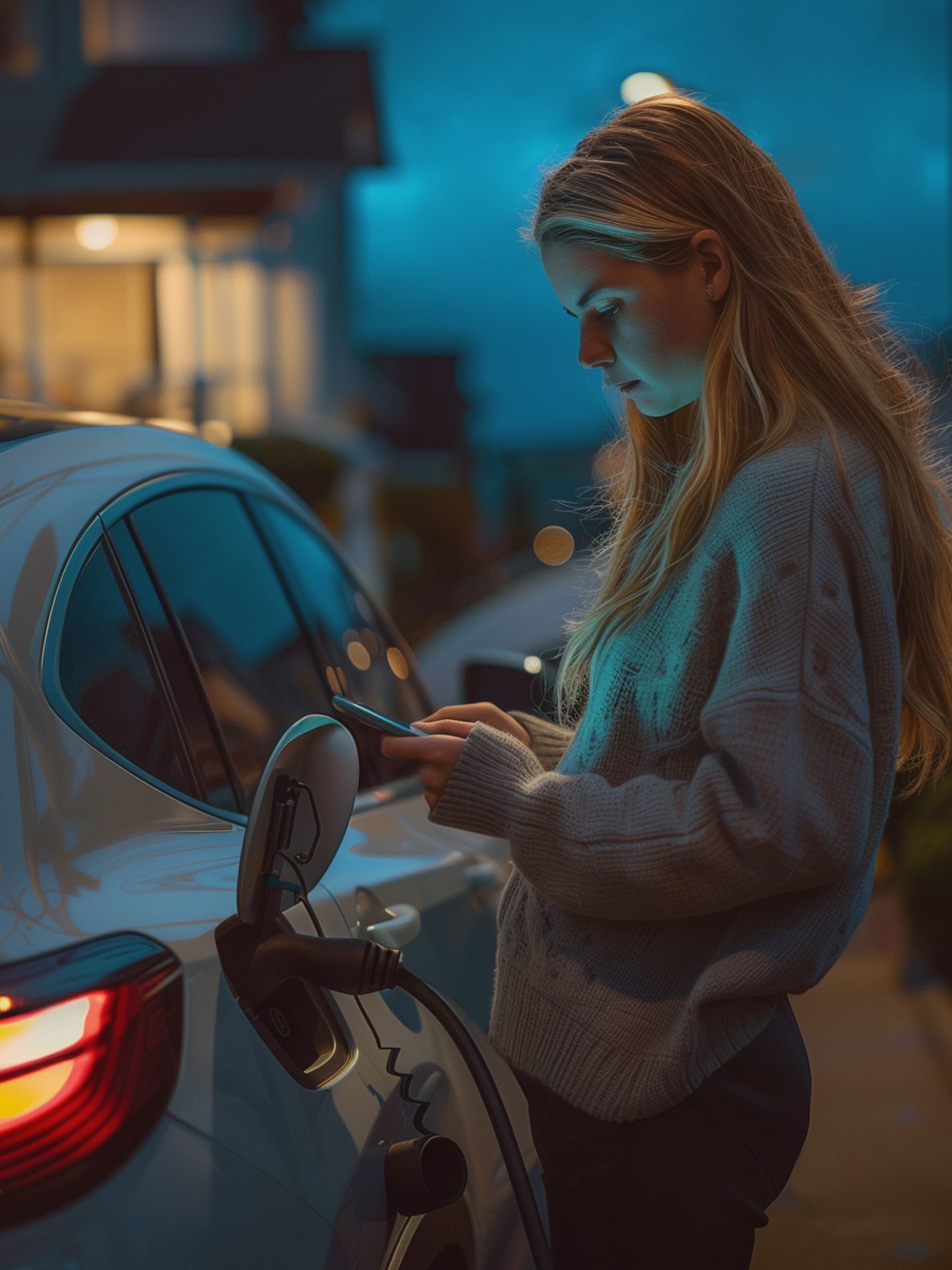 Frau lädt entspannt unterwegs ihr E-Auto an einer Wallbox