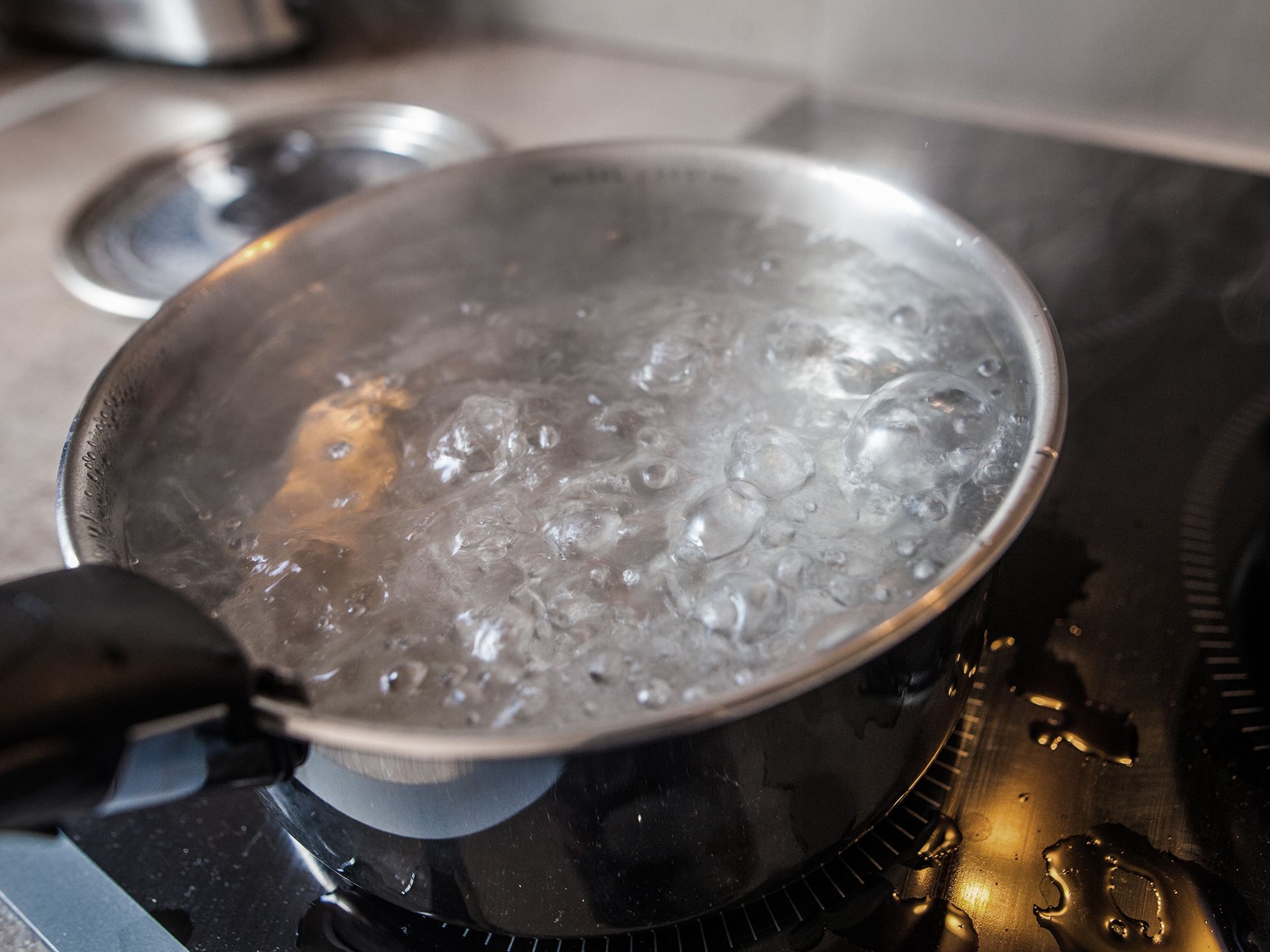 Wasser wird im Topf auf dem Herd gekockt