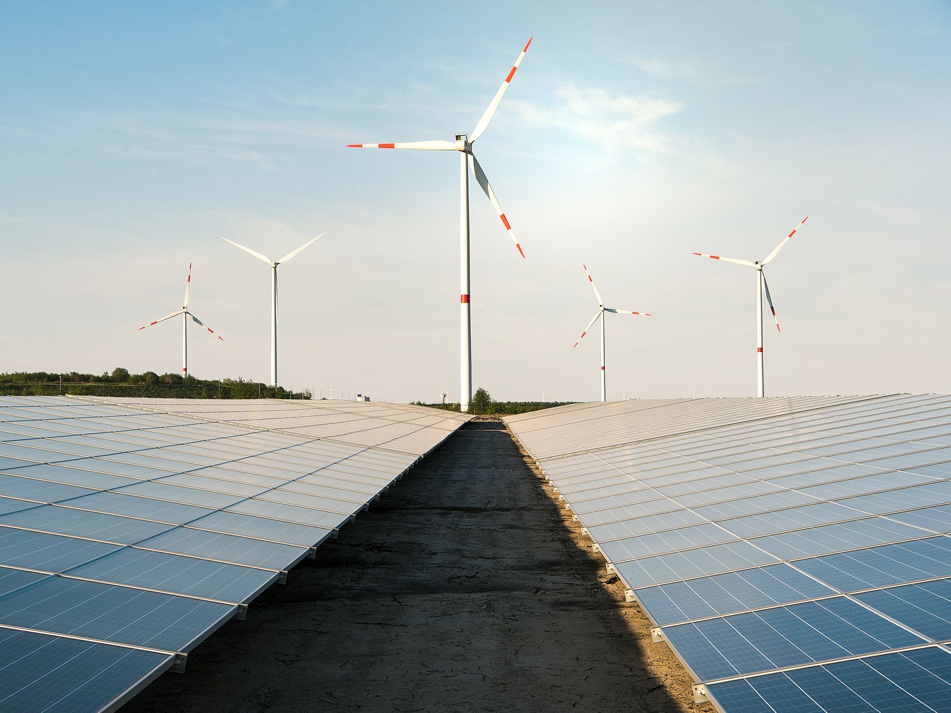 PV-Anlage und Windräder im Hintergrund