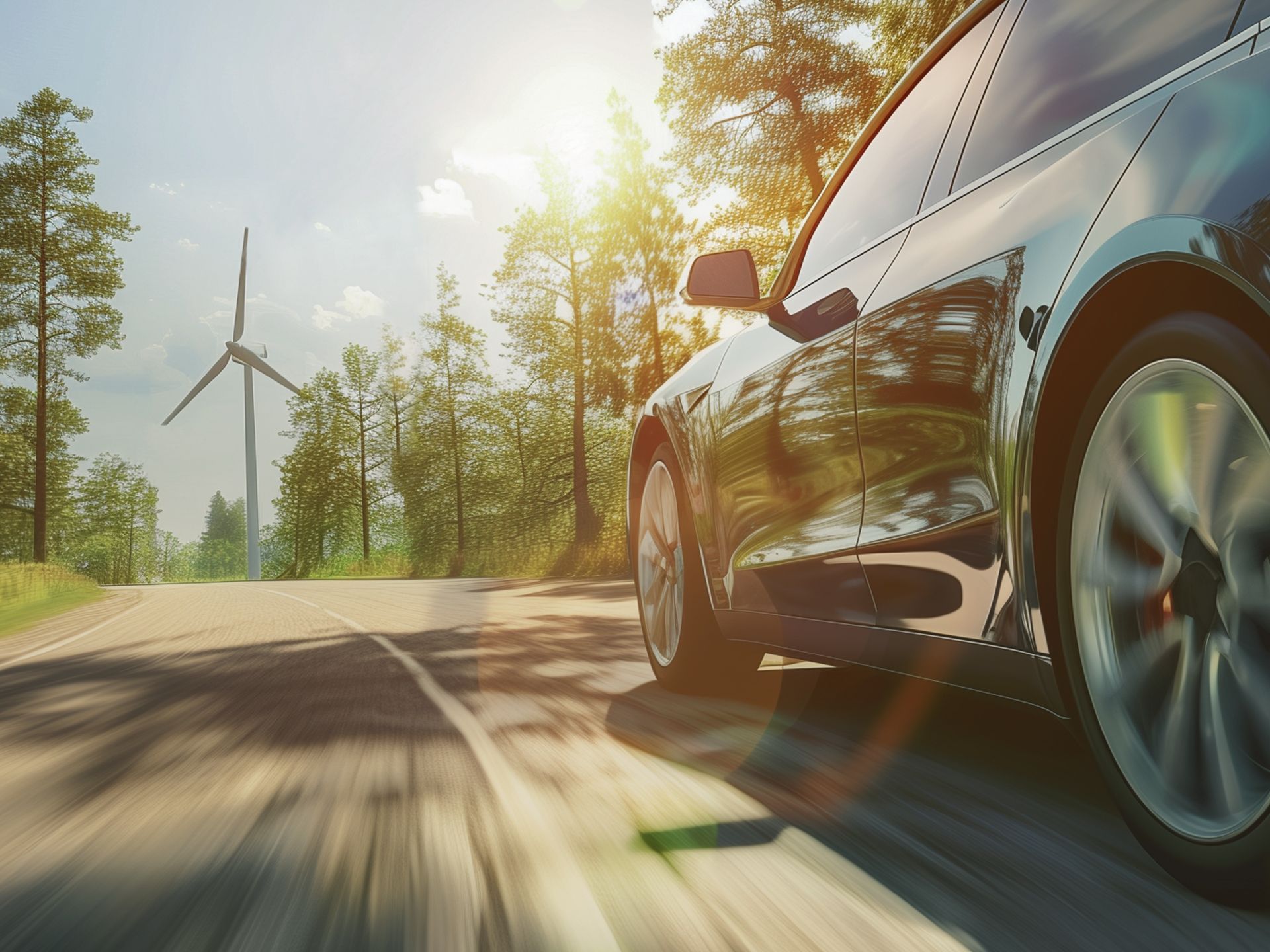 E-Auto fährt durch eine Landschaft an einem Windrad vorbei