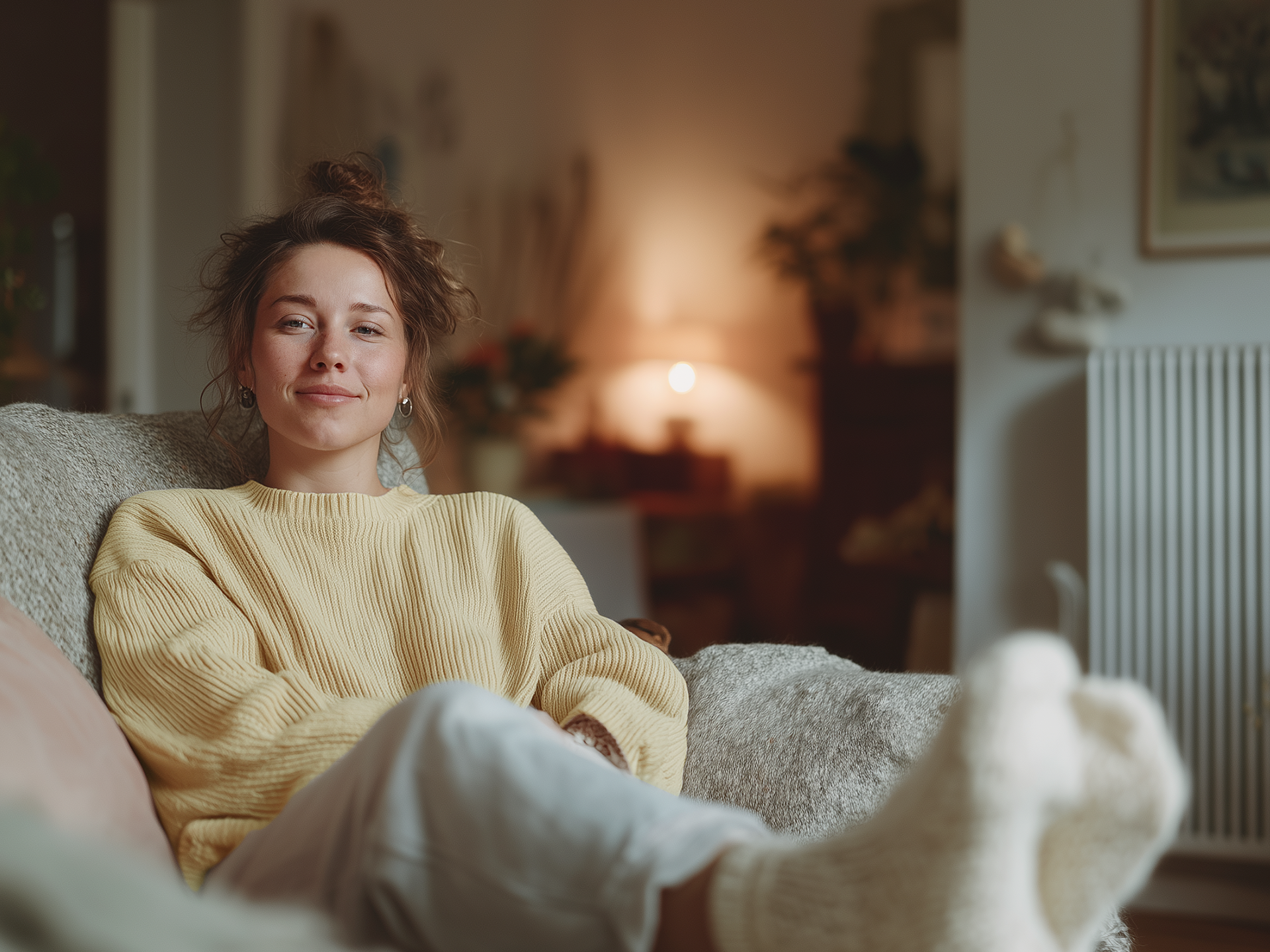 Frau sitzt mit Kuschelsocken auf dem Sofa