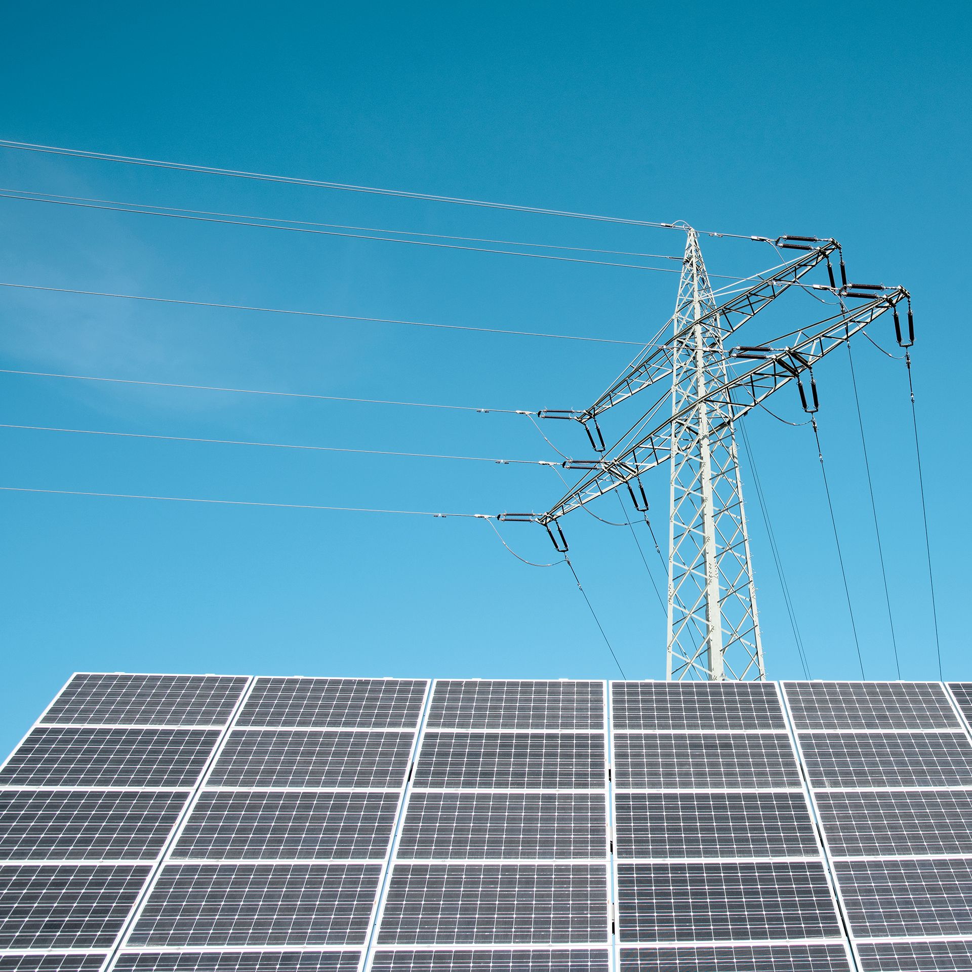 PV-Module mit Freileitungsmast im Hintergrund