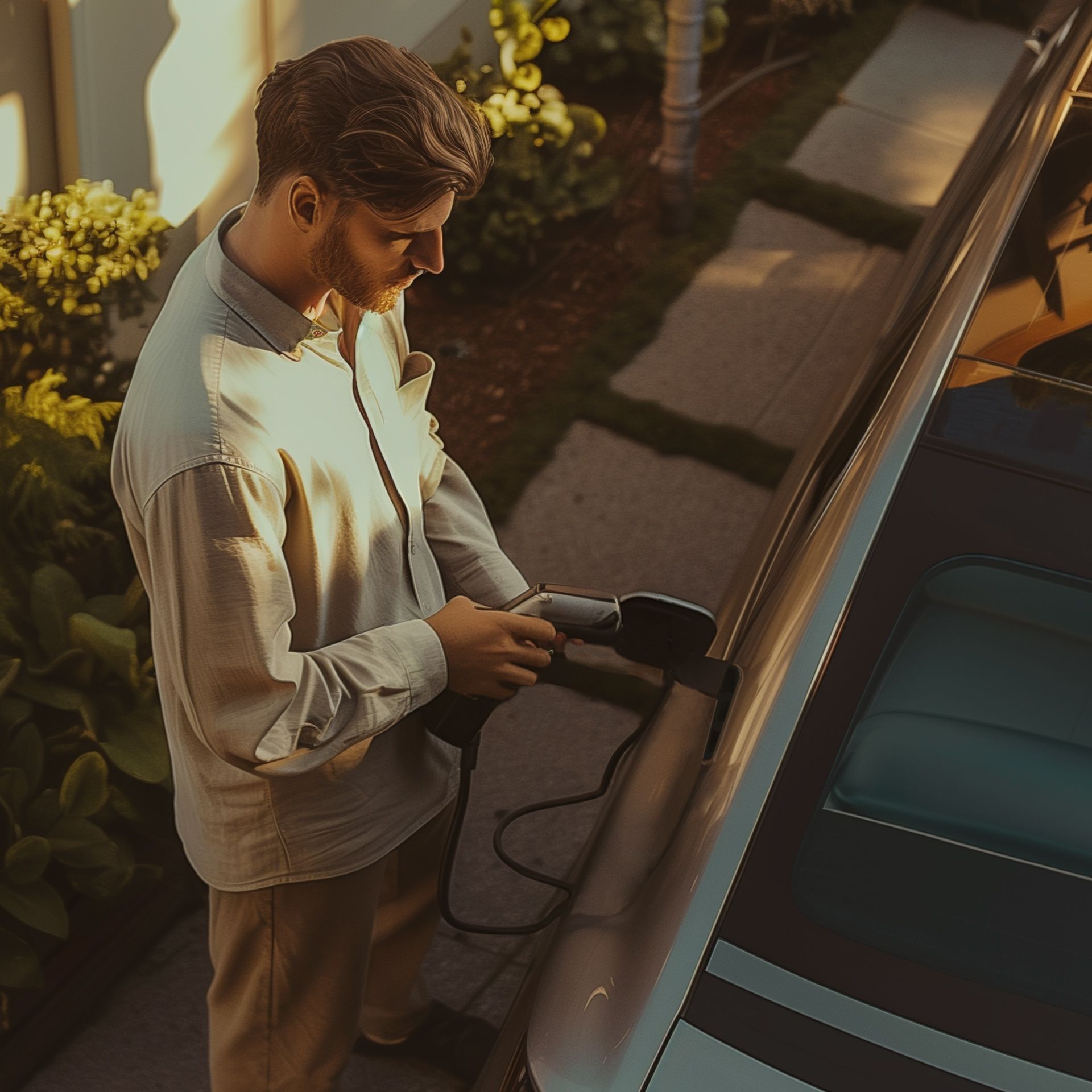 Mann lädt ein E-Auto an einer Wallbox