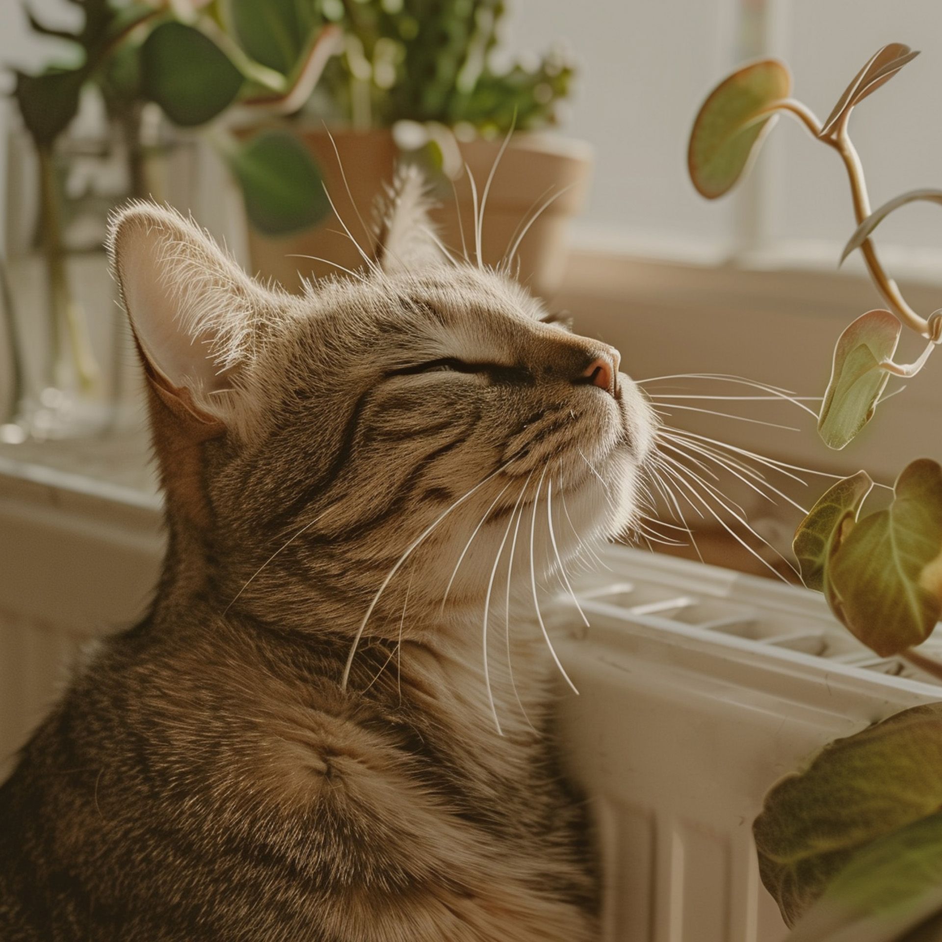 Katze schmiegt sich an Heizung