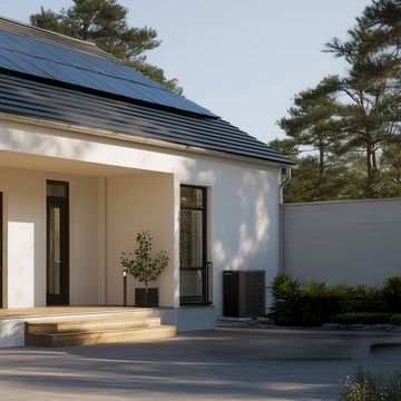 Waermepumpe steht vor weißem Haus mit Solaranlage auf dem Dach